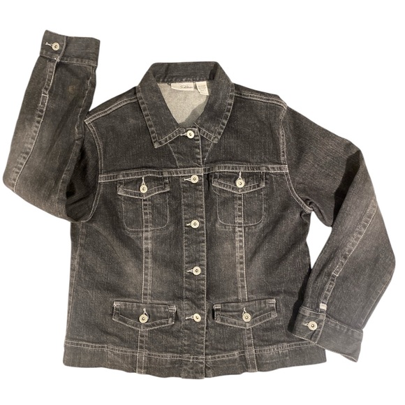 Chicos Platinum Jacket Women’s 1 (Medium) Black Denim Pockets Stretch Classic - Picture 1 of 13